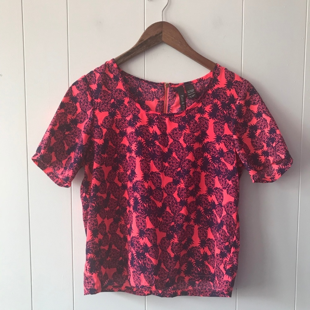 Hot Pink Top, Pink Pineapple Top, Zipper Back Top, 90s Top, Neon Top
